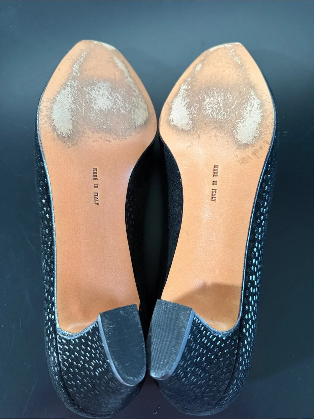 Salvatore Ferragamo Black Suede Pumps with Silver Dot Accents
